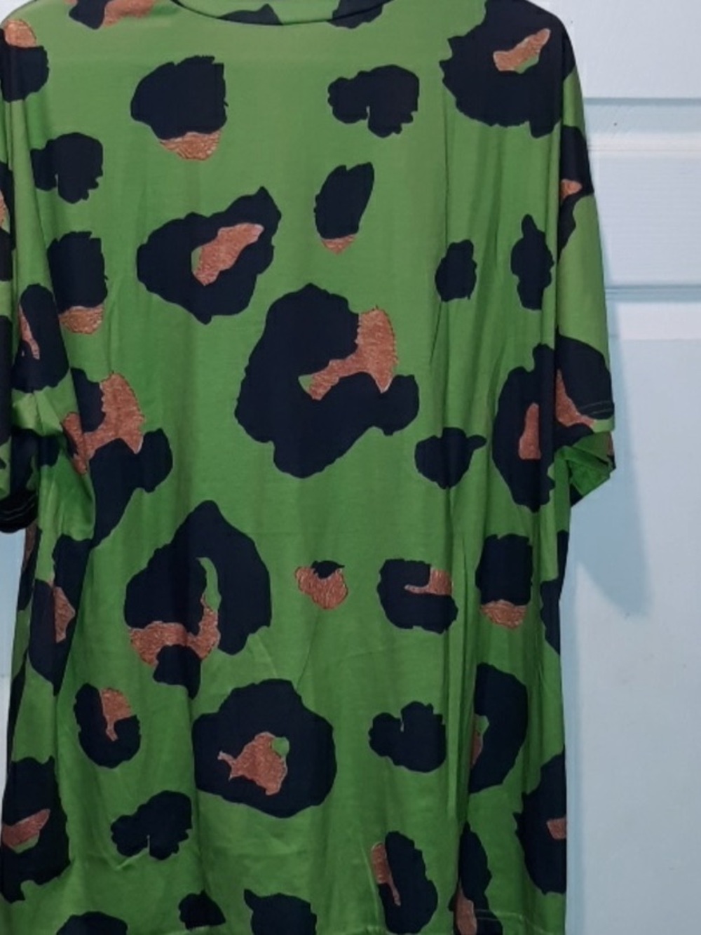 Men's Green Short Sleeve Shirt with Black and Brown Leopard Spots